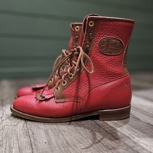 Vintage Red Justin Roper Western Leather Lace Up Boots